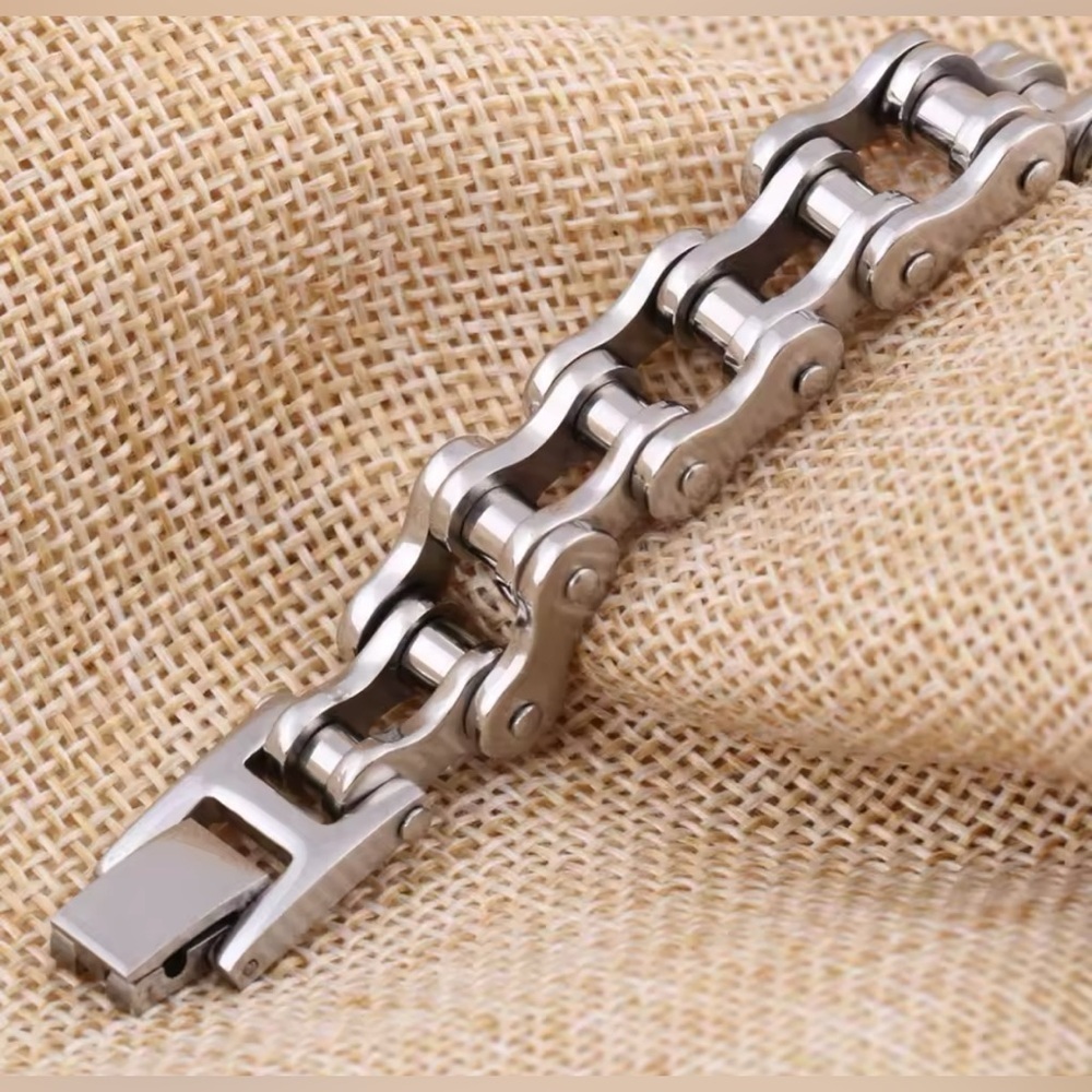 18K White Gold Motorcycle Biker Bike Link Punk Chunky Bracelet Men’s Unisex - Picture 4 of 6